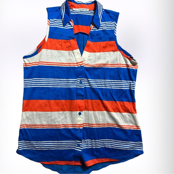 Maurices Bright Blue,White & Vivid Orange Sleeveless Button Up Top w/Sheer Back - Picture 1 of 6